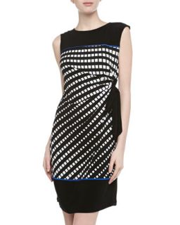 Side Draped Geometric Print Dress, Black/White