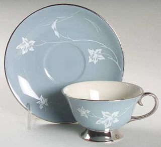 Flintridge Damask Leaf Strata Blue Flat Cup & Saucer Set, Fine China Dinnerware