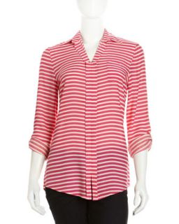 Striped Collared Pullover Blouse, Deep Pink/White