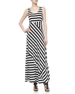 Sleeveless Striped Stretch Knit Maxi Dress, Black/White