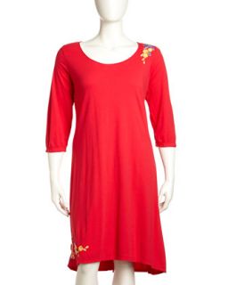 Embroidered 3/4 Sleeve Swing Dress, Lipstick, Womens