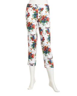 Floral Print Side Zip Capri Pants, White