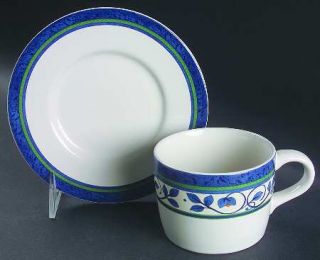Pfaltzgraff Orleans Flat Cup & Saucer Set, Fine China Dinnerware   Blue Buds/Vin