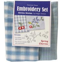 Spring Cherries Kitchen Stitches Embroidery Set  Blue and White Check