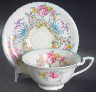 Royal Worcester June Footed Cup & Saucer Set, Fine China Dinnerware   Pink,Yello