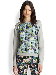 MSGM Floral Print Silk Paneled Cotton Sweatshirt   Grey