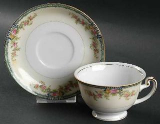 Grace Gra3 Footed Cup & Saucer Set, Fine China Dinnerware   Green Border Design,
