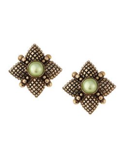 Green Pearl Center Quilted Button Earrings