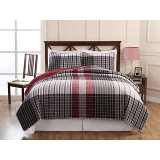Hand crafted Black/ Red Plaid Patchwork Cotton Quilt Set