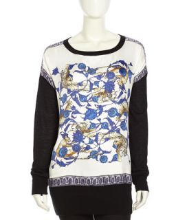 Long Sleeve Silk Print Contrast Sweater, Cheetah Garden