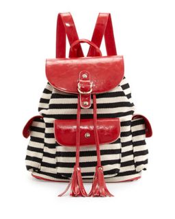 Striped Canvas Combo Drawstring Backpack, Black/Red