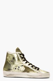 Golden Goose Gold And Green Leather Francy Sneakers