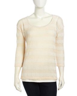 Mesh Knit Striped Sweater, Tan/Ivory