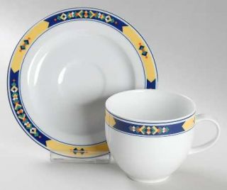 Arzberg Joy Flat Cup & Saucer Set, Fine China Dinnerware   Yellow, Blue & Orange
