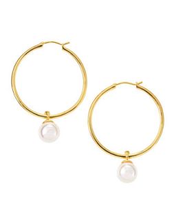 10mm Pearl Drop Hoop Earrings, Gold
