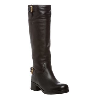 Prada Knee High Leather Boot With Buckle Detail