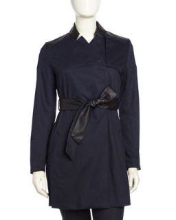 Inverted Collar Faux Leather Trimmed Trench Coat, Navy