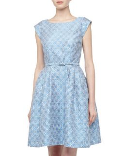 Floral Brocade Fit And Flare Dress, Blue/White