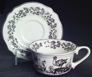 Tabletops Unlimited New England Toile Black (Gamebirds) Flat Cup & Saucer Set, F