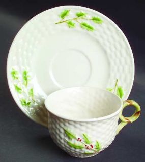 Belleek Pottery (Ireland) Enchanted Holly Flat Cup & Saucer Set, Fine China Dinn