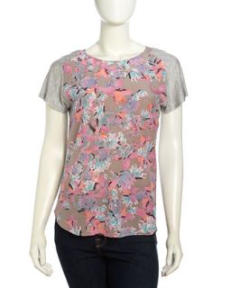 Short Sleeve Floral Print Combo Tee, Coral Reef