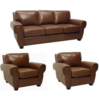 Megan Brown Italian Leather Sofa And Two Leather Chairs