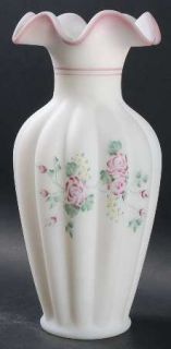 Fenton Rose Garden 11 Flower Vase   Matte White,Handpainted Roses,Pink Edges