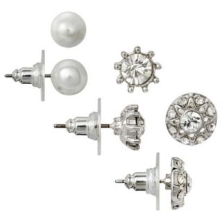 Womens Simulated Pearl Studs and Rhinestone Earrings Set of 3   Silver/Clear