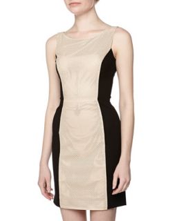 Sleeveless Perforated Leather Dress, Cream/Black
