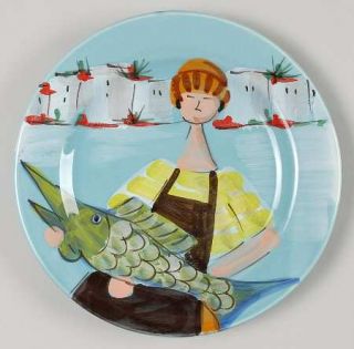 Vietri (Italy) Al Porto Salad Plate, Fine China Dinnerware   Fishermen,Boats,Fis