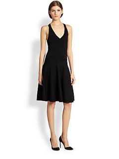 Donna Karan V Neck Fit And Flare Dress   Black