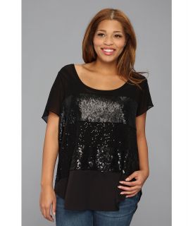DKNYC Plus Size S/S Top w/ Blocked Sequin Pattern Womens Short Sleeve Pullover (Black)