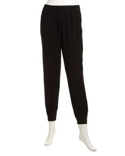 Shirred Soft Twill Slouch Pants, Black