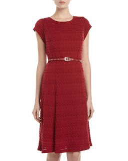 Belted Puckered Knit Dress, Wine