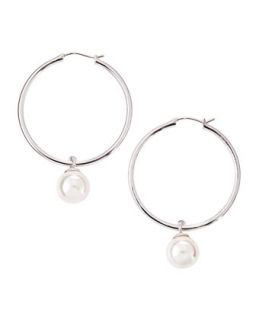 10mm Pearl Drop Hoop Earrings, Silver