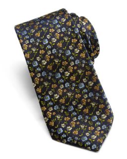 Floral Pattern Faille Tie, Navy/Gold