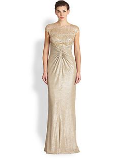 David Meister Sequin Lace & Metallic Crepe Gown   Gold