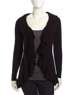 Open Front Ruffled Cashmere Blend Cardigan, Black