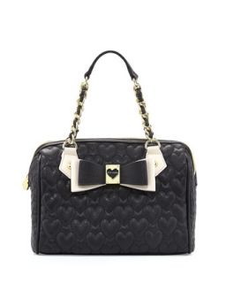 Two Tone Quilted Heart Satchel Bag, Black