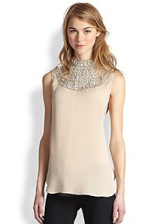 Haute Hippie Embellished Silk Blouse   Buff Pearls/Crystal