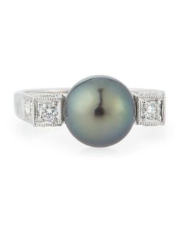 Square Set Diamond & Black Tahitian Pearl Ring, Size 7