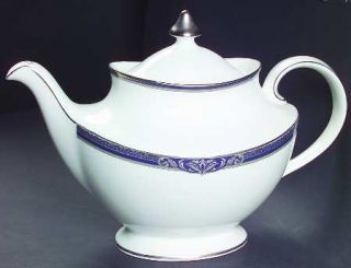 Royal Doulton Byron Teapot & Lid, Fine China Dinnerware   Blue Border, Platinum