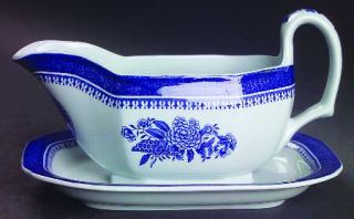 Spode Fitzhugh Blue Gravy Boat with Attached Underplate, Fine China Dinnerware  
