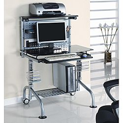 Innovex Clear Glass Computer Workstation (ClearMaterials Tempered glass, powder steelFinish Black glassGlass Desk top, shelvesPull out keyboard shelfType of desk Computer desk Number of shelves Three (3)Dimensions 27 33 inches long x 35 inches wide 