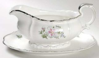 Edelstein Lynn Gravy Boat with Attached Underplate, Fine China Dinnerware   Gray