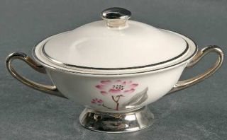 Syracuse Patricia Sugar Bowl & Lid, Fine China Dinnerware   Pink Flowers,Gray Le