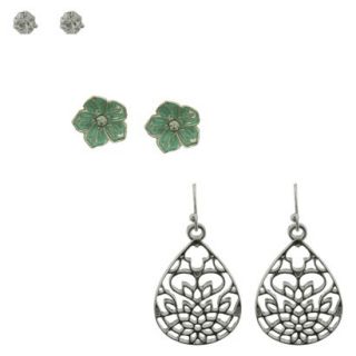 Womens Stone, Flower and Filigree Stud and Drop Earrings Set of 3  