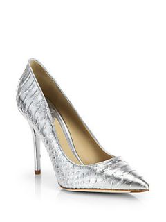 B Brian Atwood Joelle Snake Embossed Metallic Leather Pumps   Silver