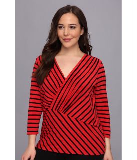 Vince Camuto Plus Size 3/4 Sleeve Asymmertrical Retro Stripes Top Womens Long Sleeve Pullover (Red)