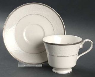Nikko Vintage Lace Platinum Footed Cup & Saucer Set, Fine China Dinnerware   Pla